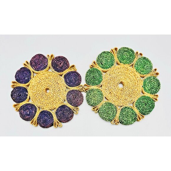 Rafia Woven Colorful Trivets Boho Style Decor Set of 2 1970s Purple Green 7 inch - Picture 1 of 5